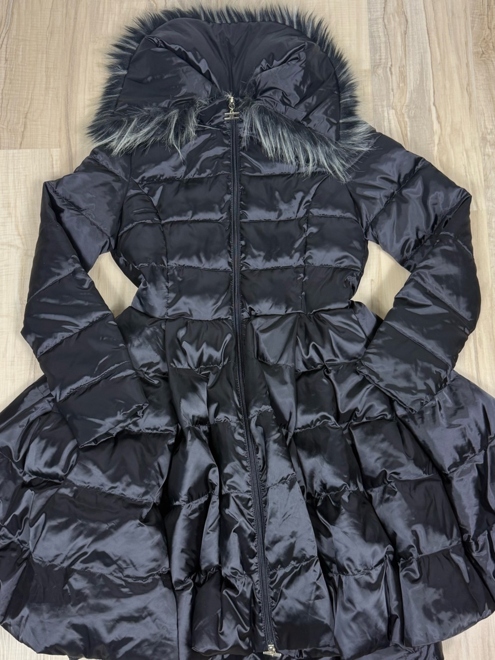 Elisabetta Franchi Black Hooded Puffer Coat with Faux Fur Trim